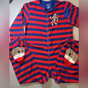 Nick & Nora Blue Red Stripe One Piece Sock Monkey Footie Pajamas Size Small